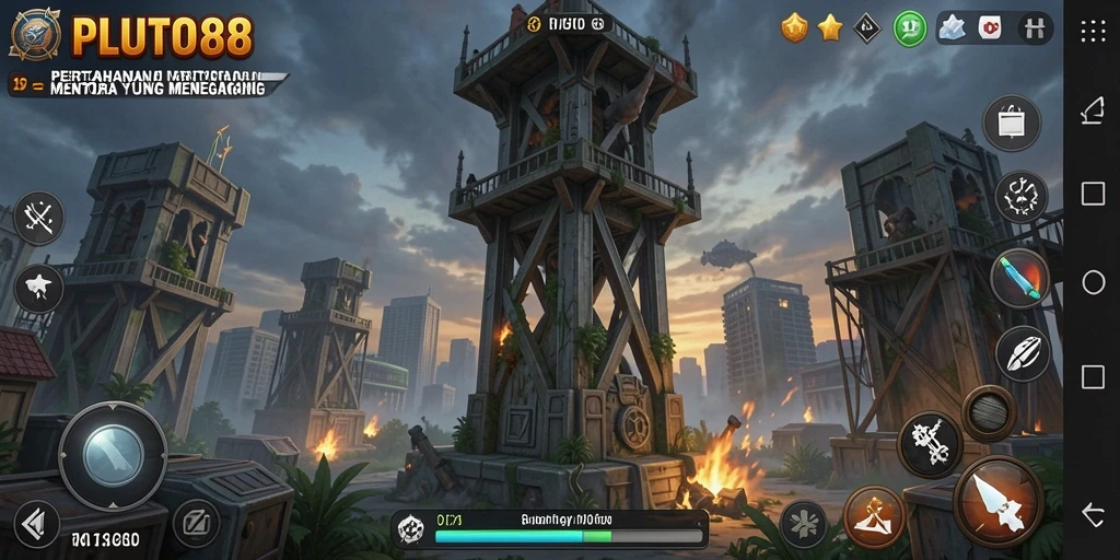 Tampilan gameplay seru di PLUTO88 dengan menara pertahanan yang strategis.
